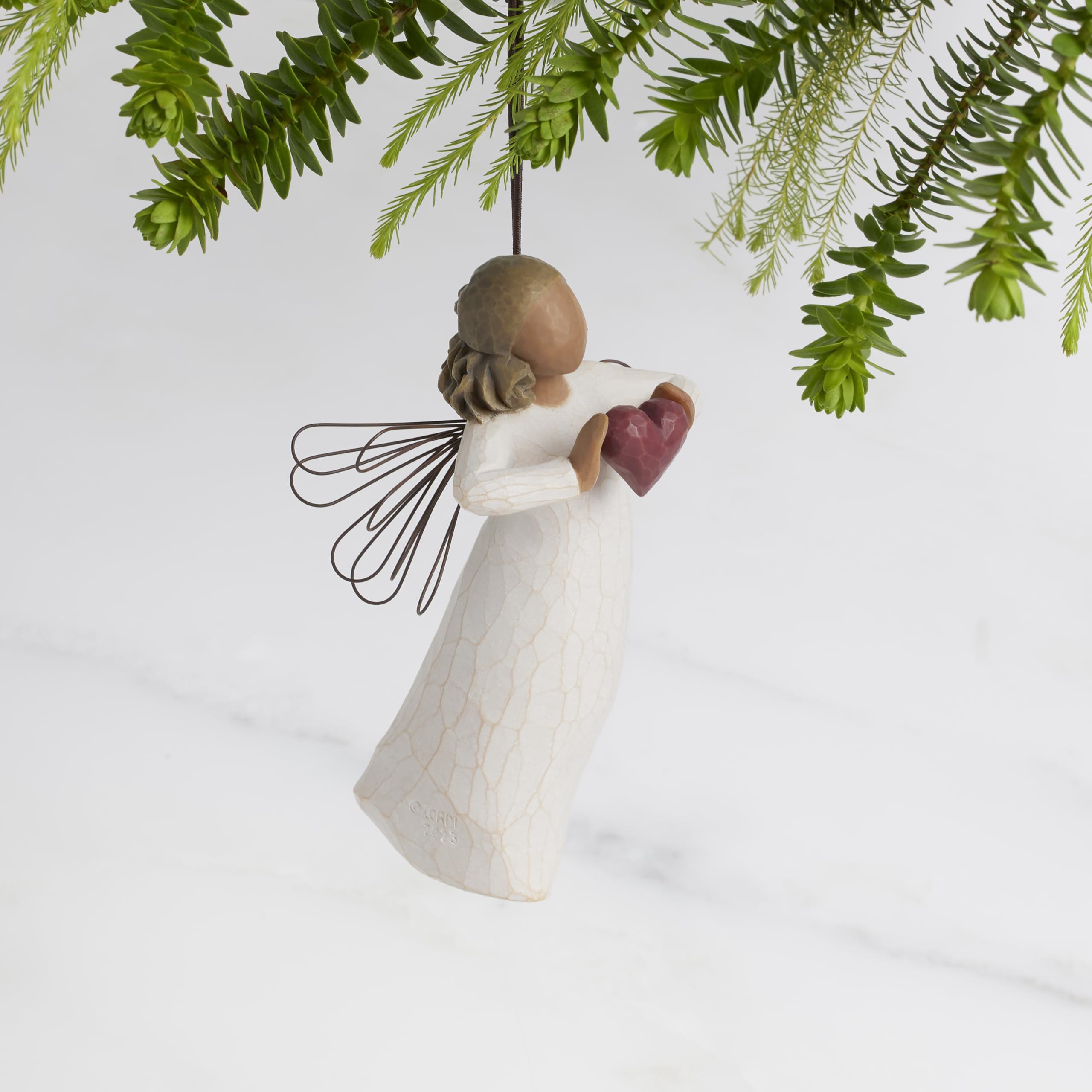Willow Tree with Love Ornament, You are Loved, Darker-Skin Figure Holds Red Heart in Gesture of Love and Thoughtful Caring, Sculpted Hand-Painted Angel - Image 3