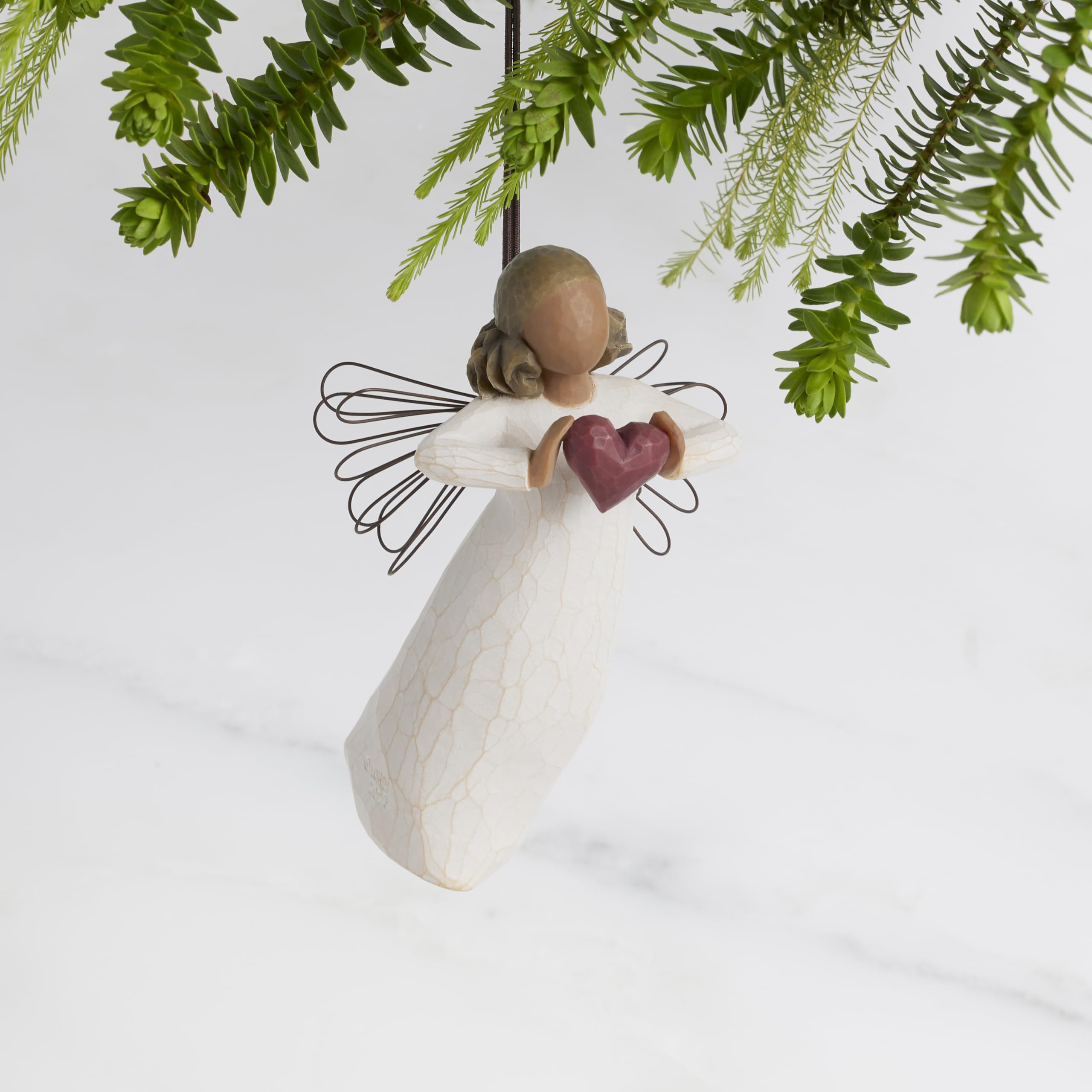 Willow Tree with Love Ornament, You are Loved, Darker-Skin Figure Holds Red Heart in Gesture of Love and Thoughtful Caring, Sculpted Hand-Painted Angel - Image 4