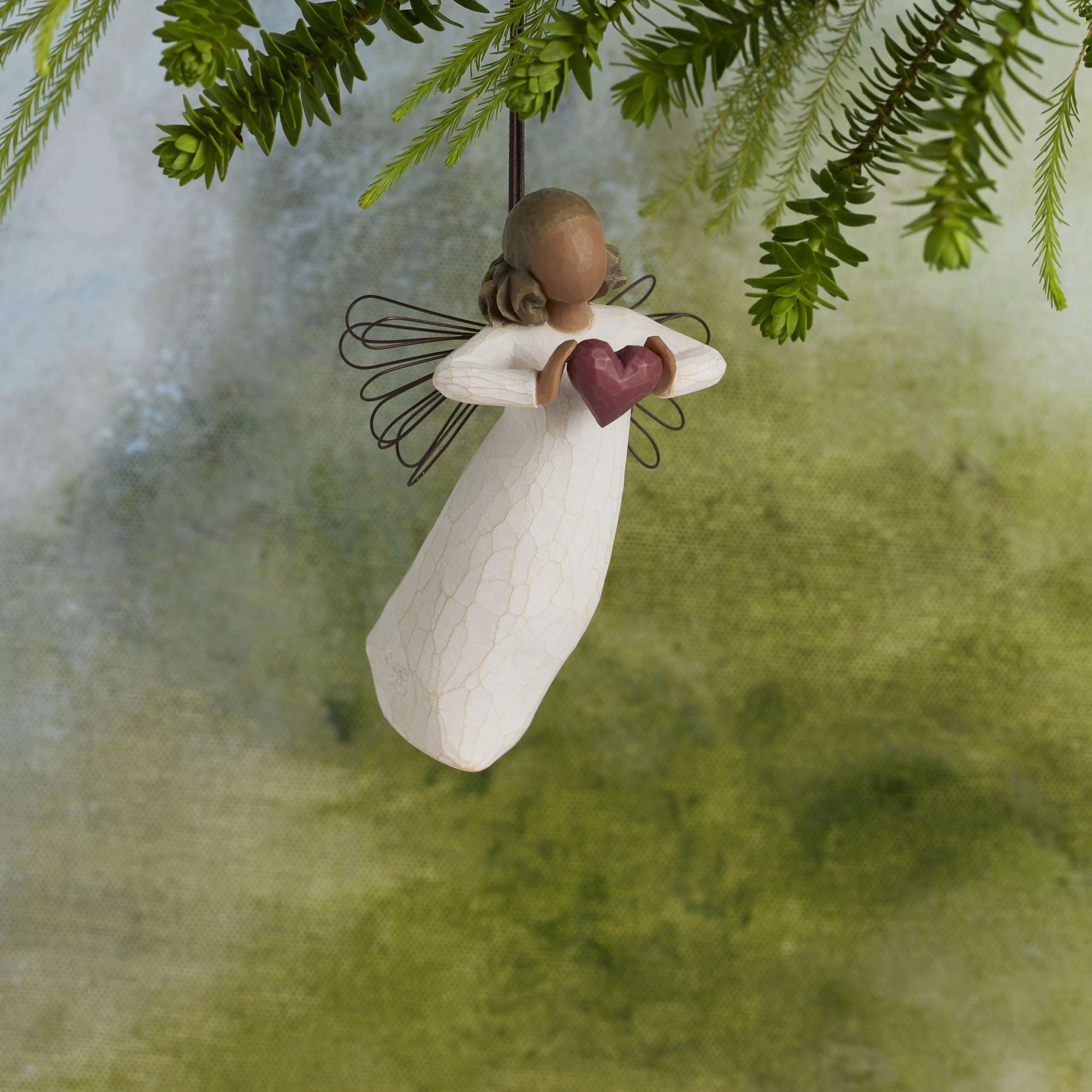 Willow Tree with Love Ornament, You are Loved, Darker-Skin Figure Holds Red Heart in Gesture of Love and Thoughtful Caring, Sculpted Hand-Painted Angel - Image 5